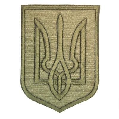 Шеврон « Тризуб Україна » ниткою хакі на оливі , розмір 90x63мм