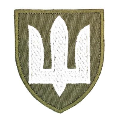 Шеврон « ЗСУ Тризуб »  на оливі білою ниткою розмір80x68мм