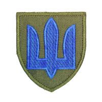 Шеврон « ЗСУ Тризуб »  на оливі блакитною ниткою розмір80x68мм