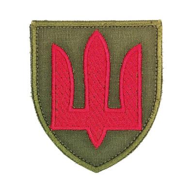 Шеврон « ЗСУ Тризуб »  на оливі червоною ниткою розмір80x68мм